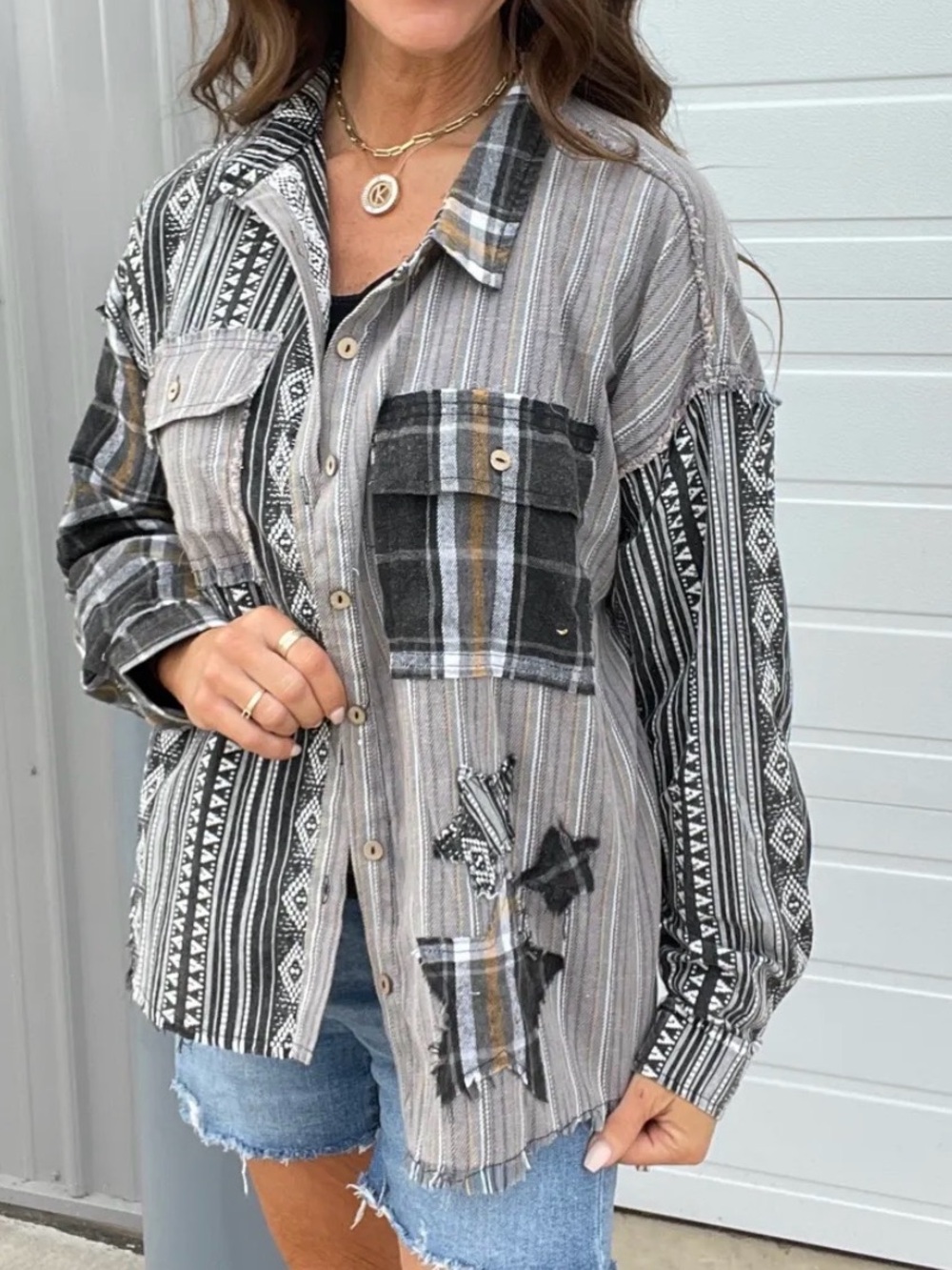 Oli & Hali Womens Gray Patterned Patchwork Button-Up Shirt. Size S Oversized Mix